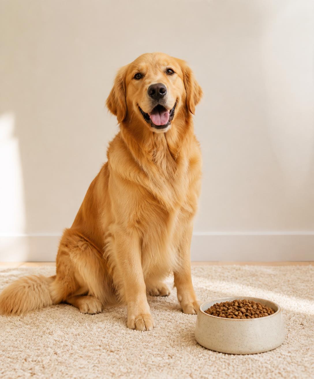 A golden retriever sitting beside a ceramic bowl of dry dog kibble in a sunlit room
